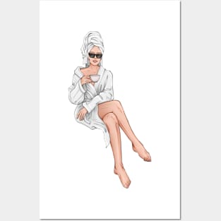 Beauty Woman with Coffee in White Robe Posters and Art